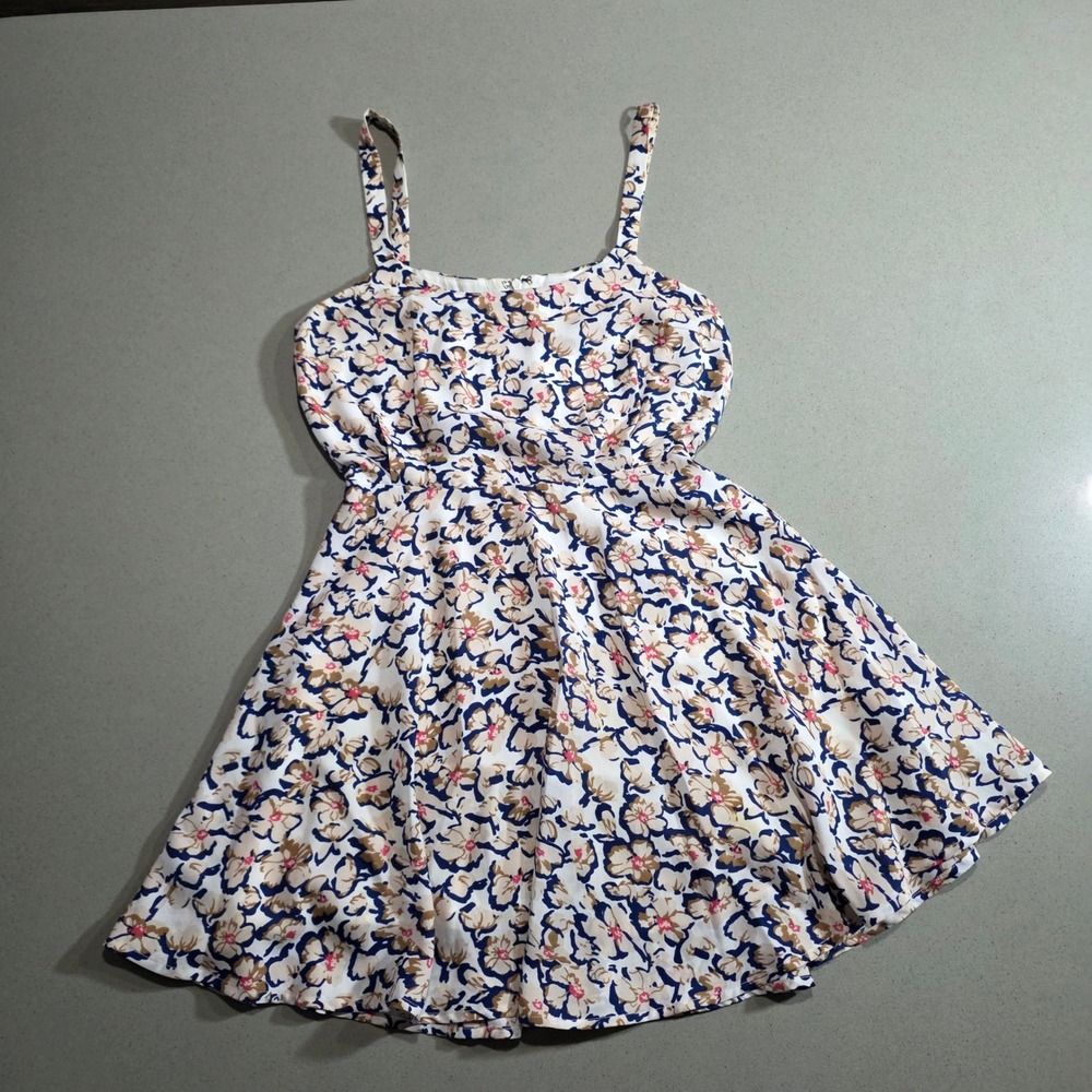 Lucca Couture Floral Fit and Flare Mini Dress Cream Blue Tan XS
